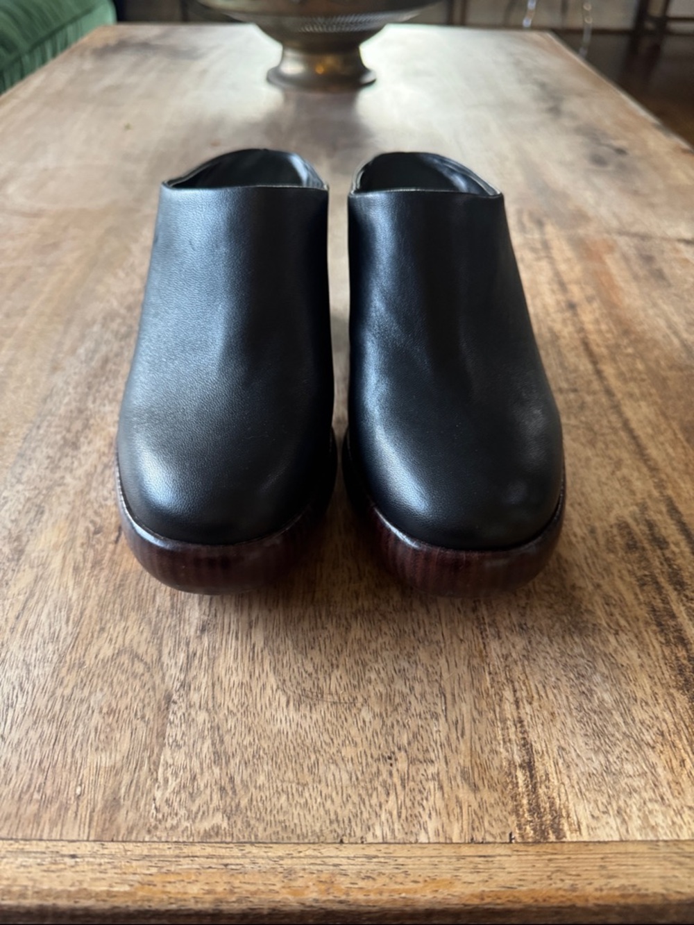 Vince Black Leather Clog Mules with Brown Wood-Look Platform